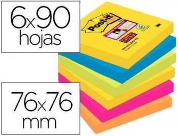 Bloc de notas adhesivas quita y pon post-it super sticky 76x76 mm con 90 hojas pack de 6 bloc colore