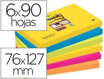 Bloc de notas adhesivas quita y pon post-it super sticky 76x127 mm con 90 hojas pack de 6 bloc color