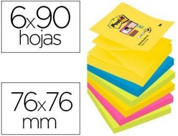 Bloc de notas adhesivas quita y pon post-it super sticky 76x76 mm con 90 hojas pack de 6 bloc colore