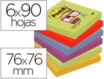 Bloc de notas adhesivas quita y pon post-it super sticky 76x76 mm con 90 hojas pack de 6 bloc colore