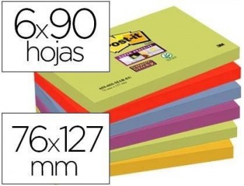 Bloc de notas adhesivas quita y pon post-it super sticky 76x127 mm con 90 hojas pack de 6 bloc color