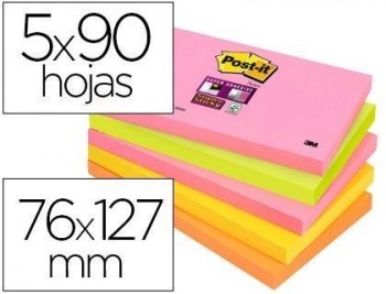 Bloc de notas adhesivas quita y pon post-it super sticky 76x127 mm con 90 hojas pack de 5 bloc color