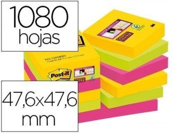 Bloc de notas adhesivas quita y pon post-it super sticky 47,6x47,6 mm con 90 hojas pack de 12 bloc c