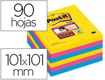 Bloc de notas adhesivas quita y pon post-it super sticky 101x101 mm con 90 hojas rayado pack de 6 bl