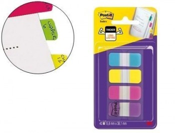 Banderitas separadoras rigidas dispensador 4 colores amarillo azul rosa y violeta post-it index 676-