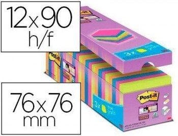 Bloc de notas adhesiva quita y pon post-it super sticky 76x76 mm 90 hojas colores surtidos pack de 2