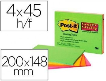 Bloc de notas adhesivas quita y pon post-it super sticky 200x149 mm 45 hojas pack de 4 bloc colores 