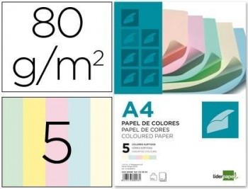 Papel color liderpapel a4 80g/m2 5 colores surtidos paquete de 500