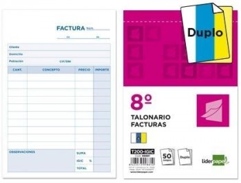 Talonario liderpapel facturas 8º original y copia t200 con i.g.i.c